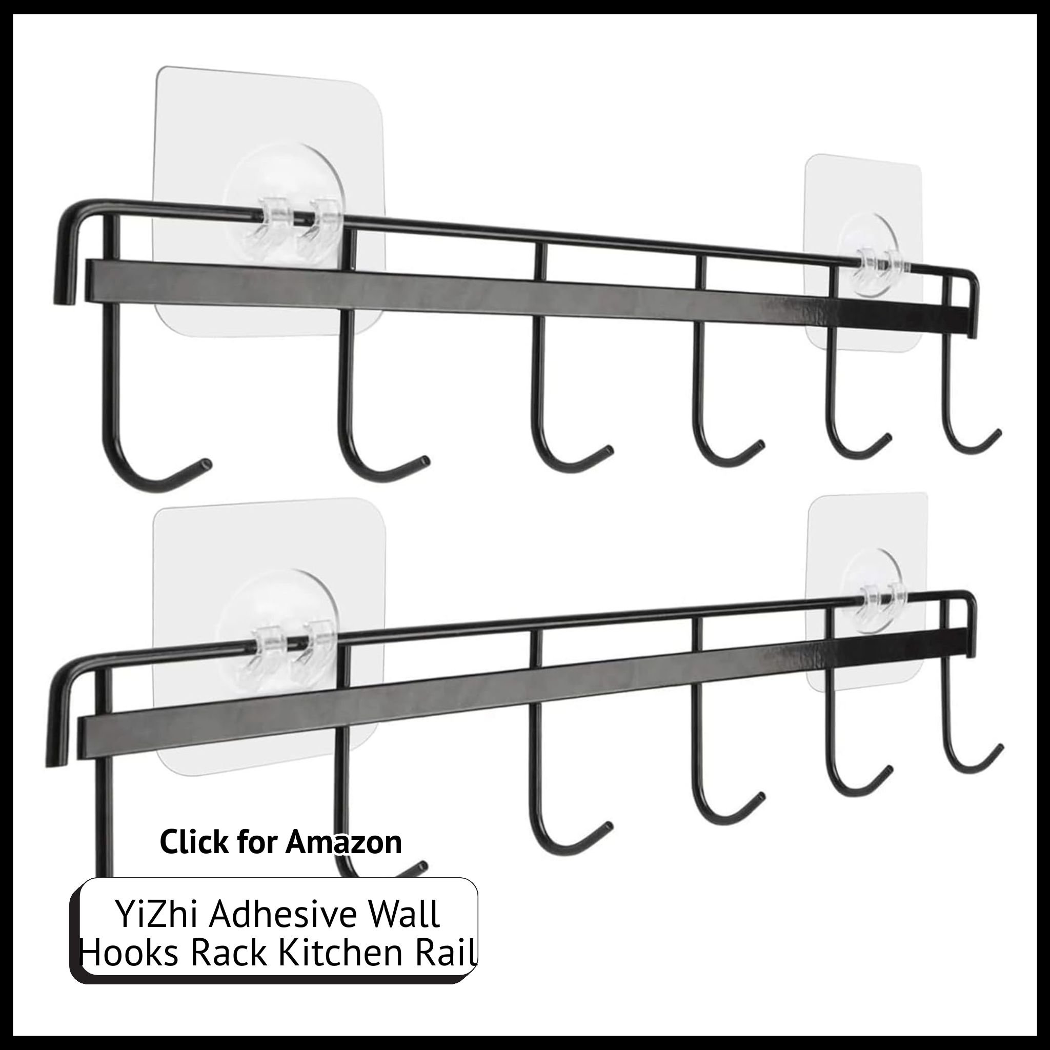 YiZhi Adhesive Wall Hooks Rack – No-Drill Kitchen Rail with 6 Hooks for Utensils, Space-Saving Wall-Mounted Organizer