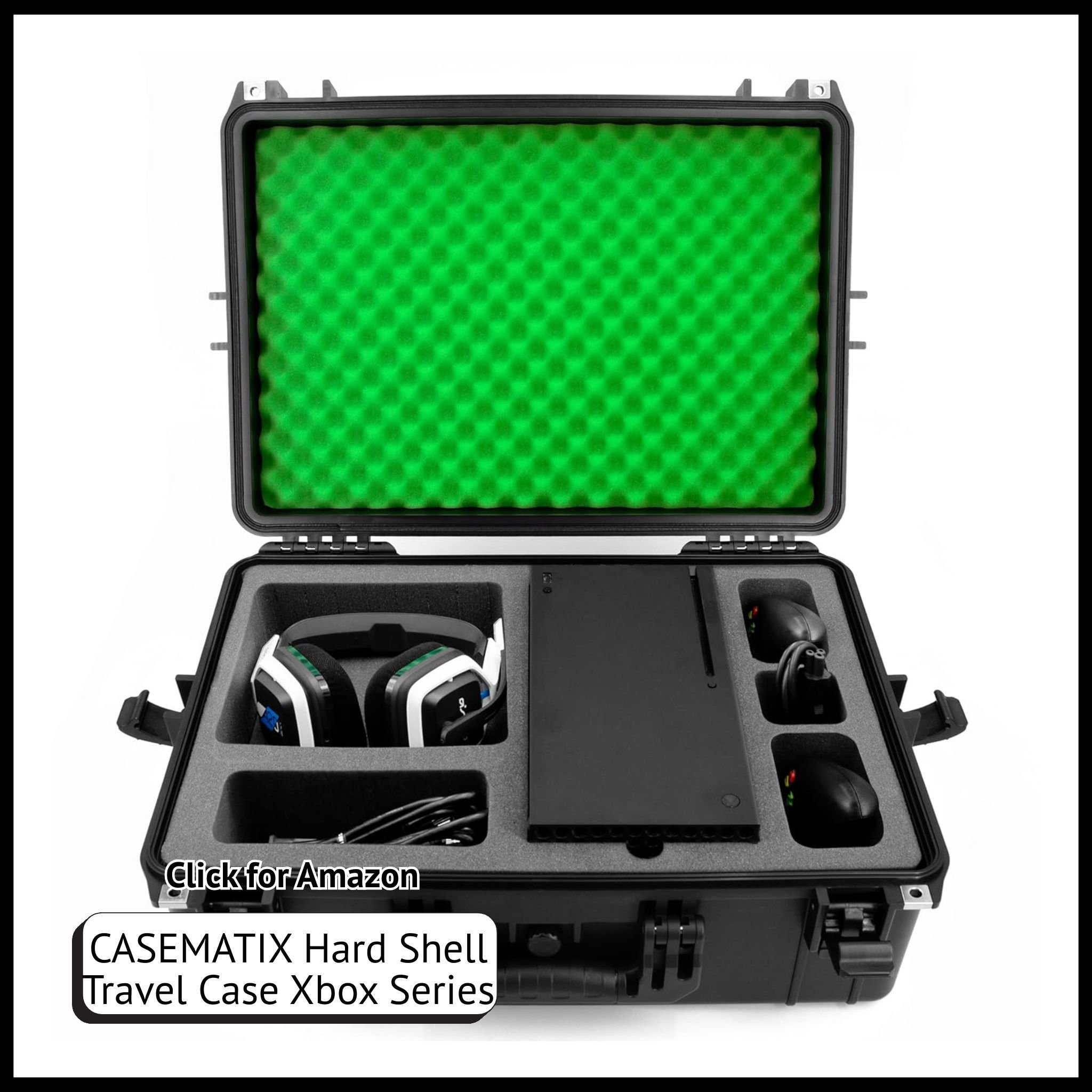 CASEMATIX hard shell case for Xbox Series X, waterproof with foam interior; fits console, 2 controllers, headset, and cables
