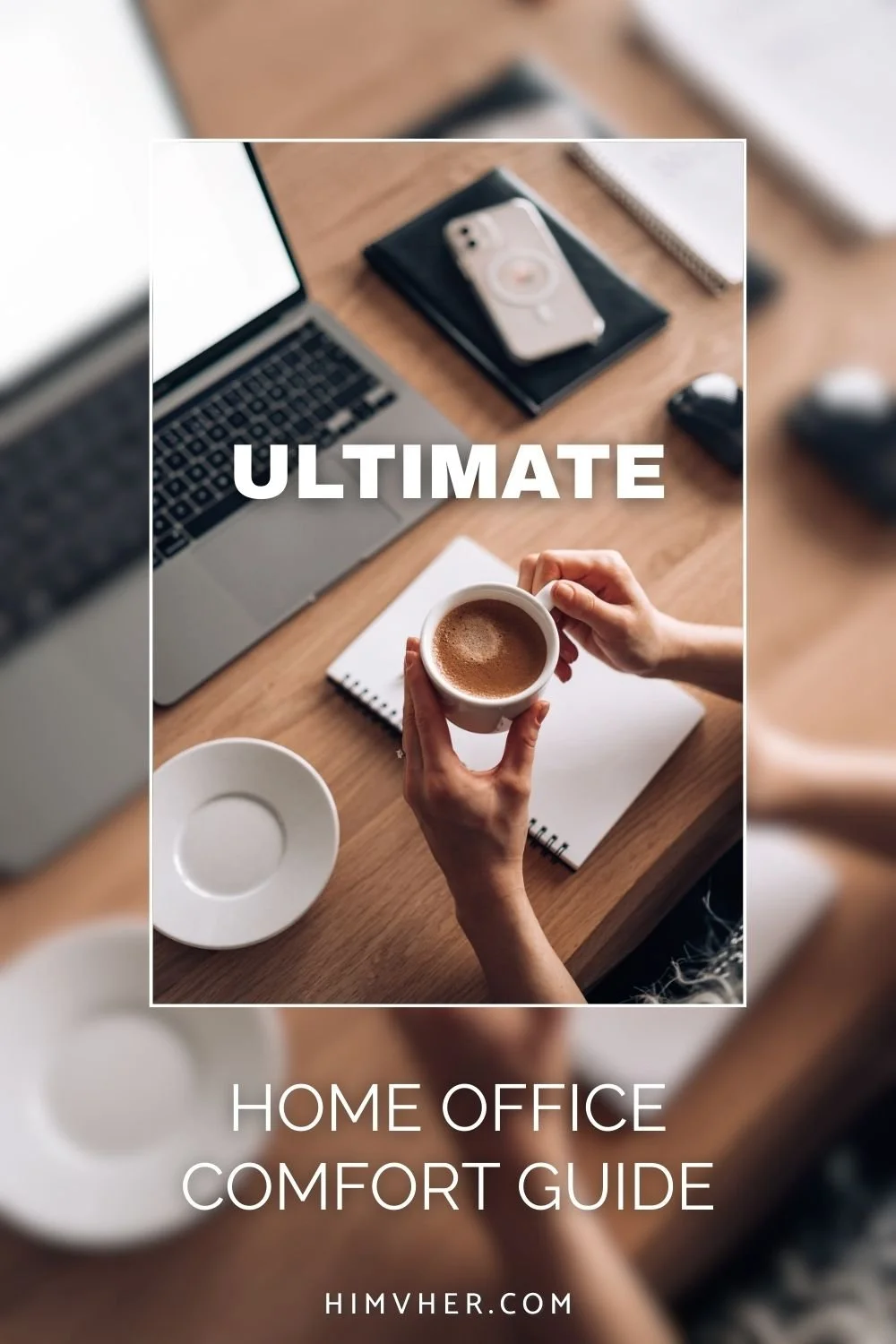 Cozy home office desk with laptop, notebook, smartphone, and coffee, showcasing a calm and comfortable work from home setup.