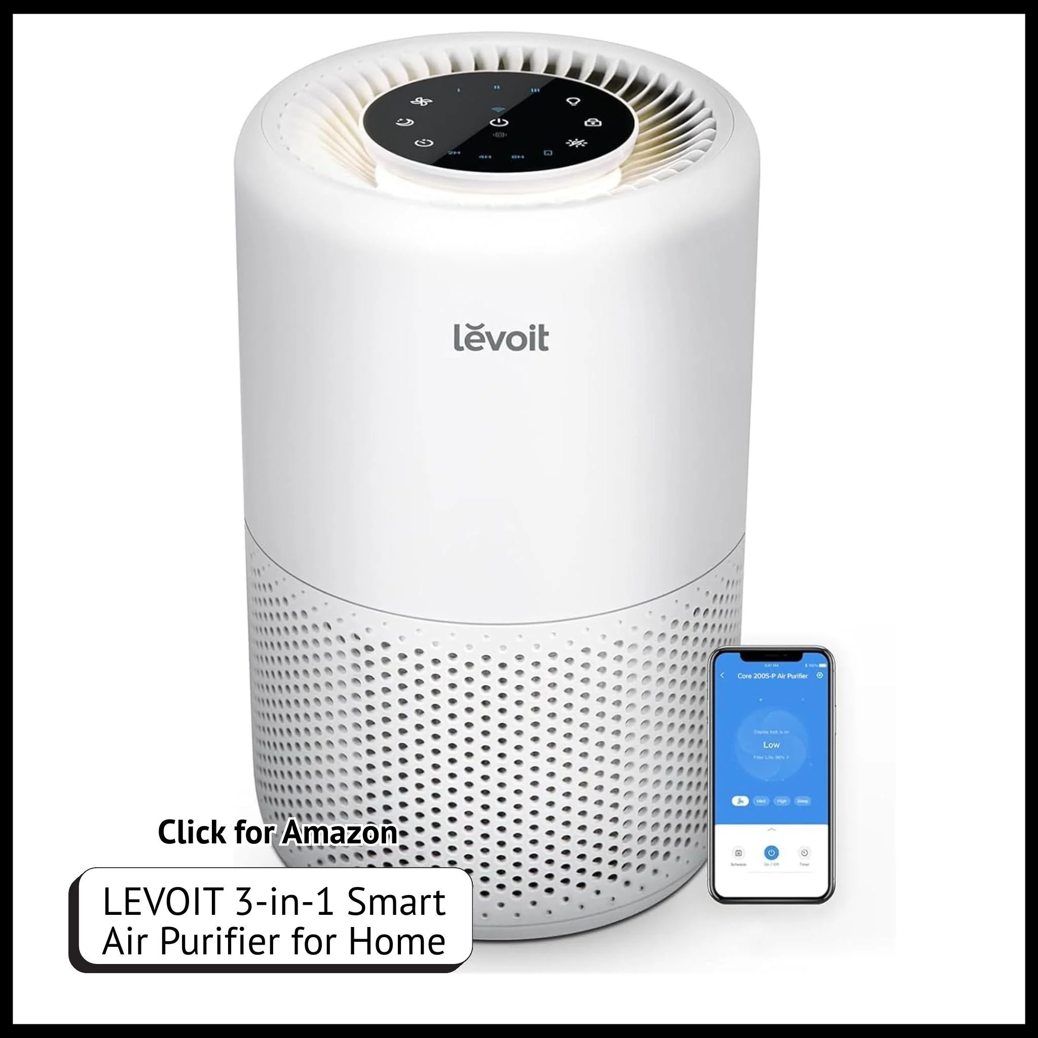 LEVOIT Core 200S smart air purifier with HEPA filter, WiFi Alexa control, removes allergens, dust, and smoke.