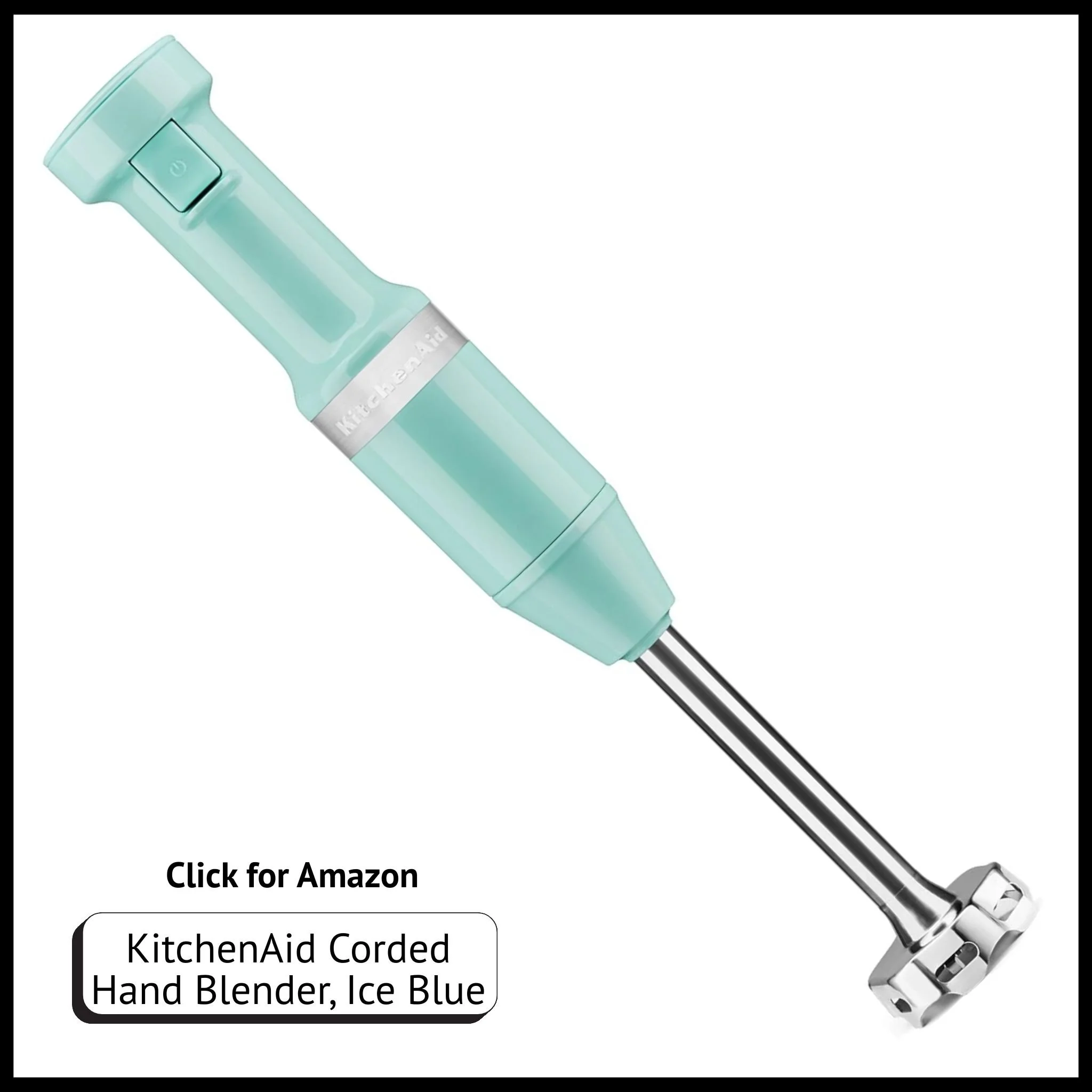 KitchenAid variable-speed corded hand blender in Ice Blue for soups, sauces, and smoothies.