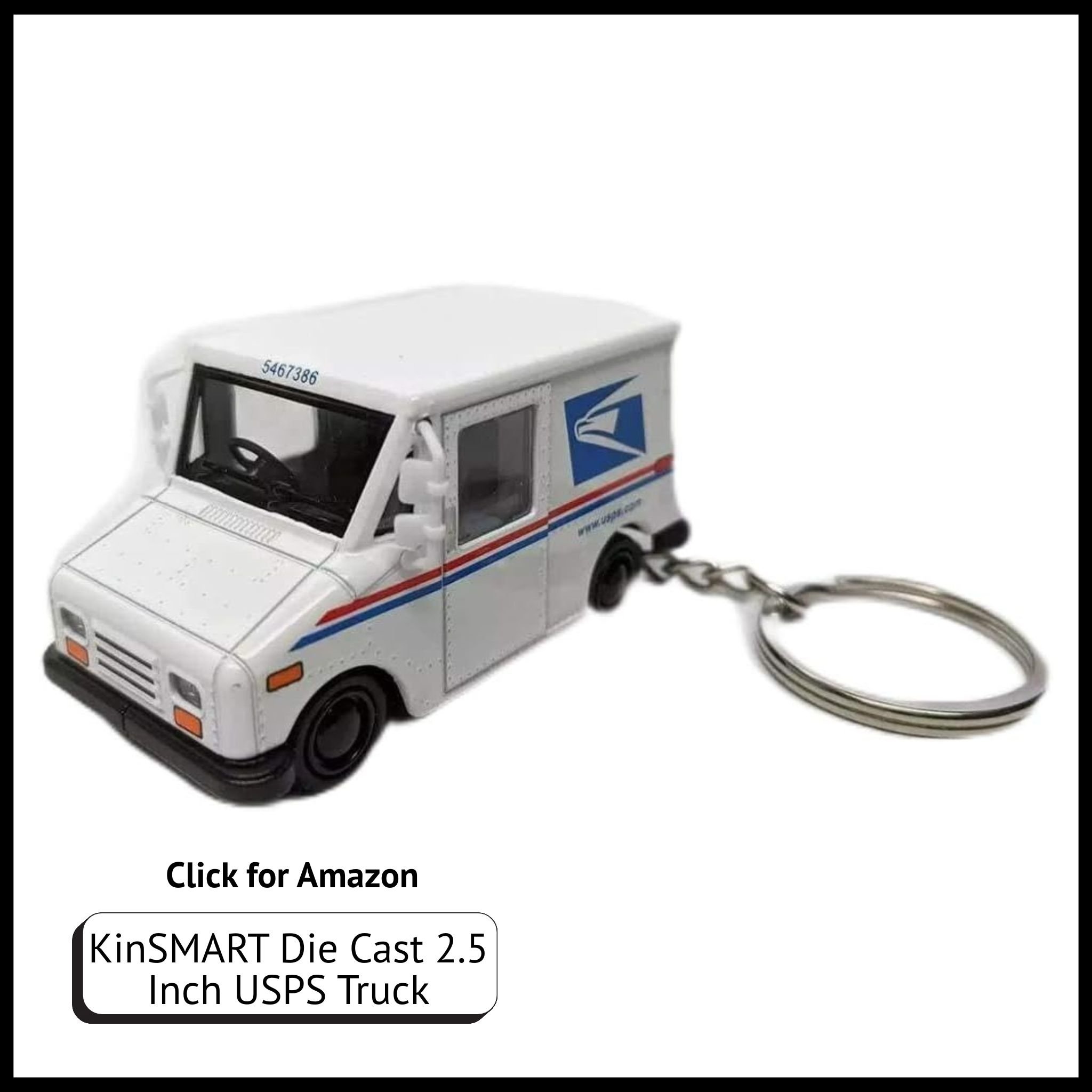 KiNSMART 2.5" die-cast USPS Grumman LLV mail truck model, 1:72 scale, white with authentic postal logos.