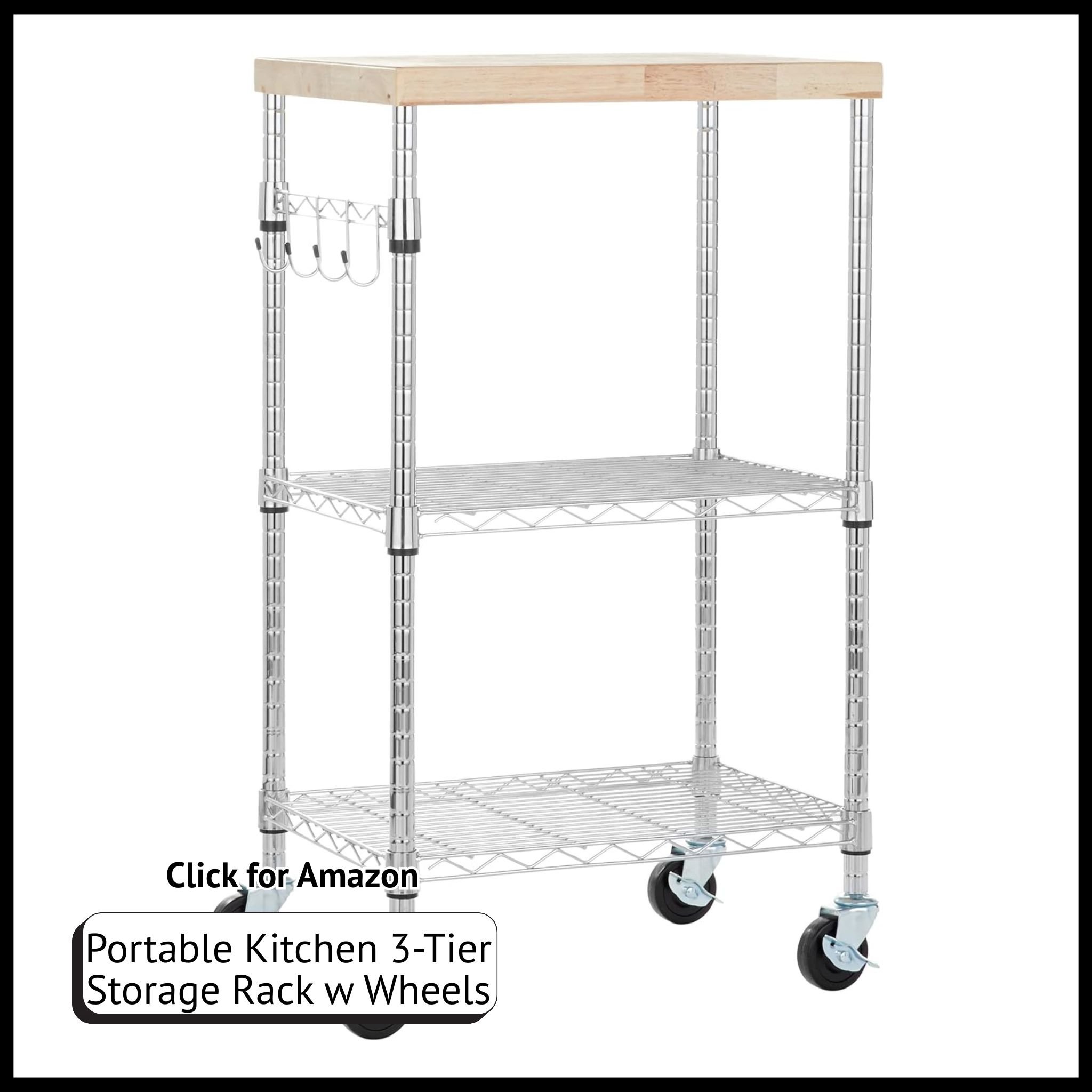 Amazon Basics 3-Tier Rolling Kitchen Storage Rack – Adjustable Shelves & Caster Wheels for Easy Mobility.