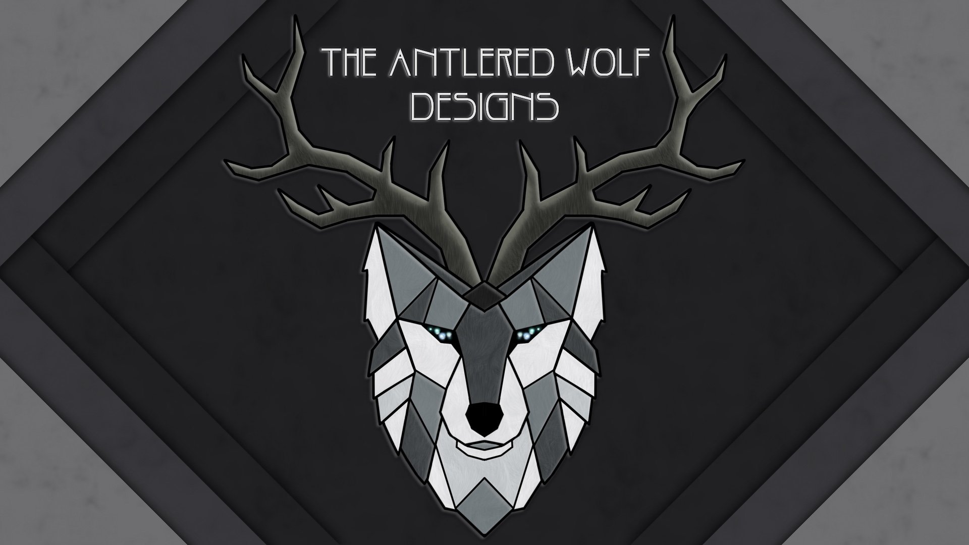 The Antlered Wolf Designs logo with geometric wolf, antlers, and bold grayscale palette for handmade and digital products