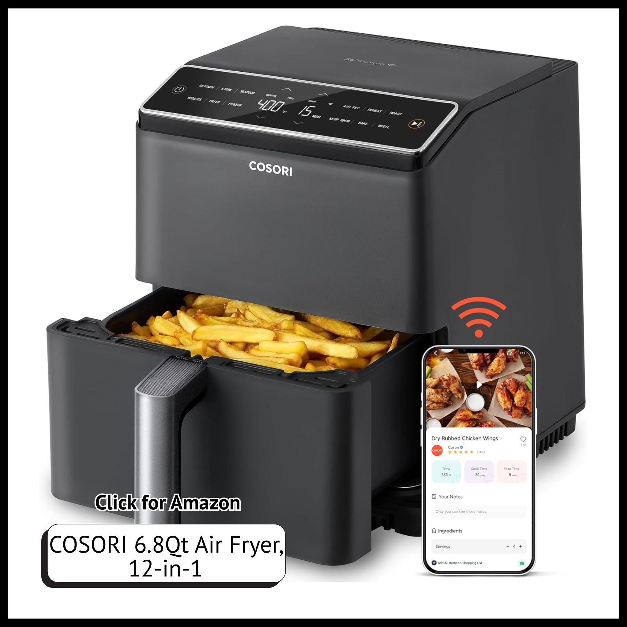 COSORI 6.8Qt Dual Blaze air fryer – 12-in-1 smart appliance with 360° heating for crispy meals and even cooking.