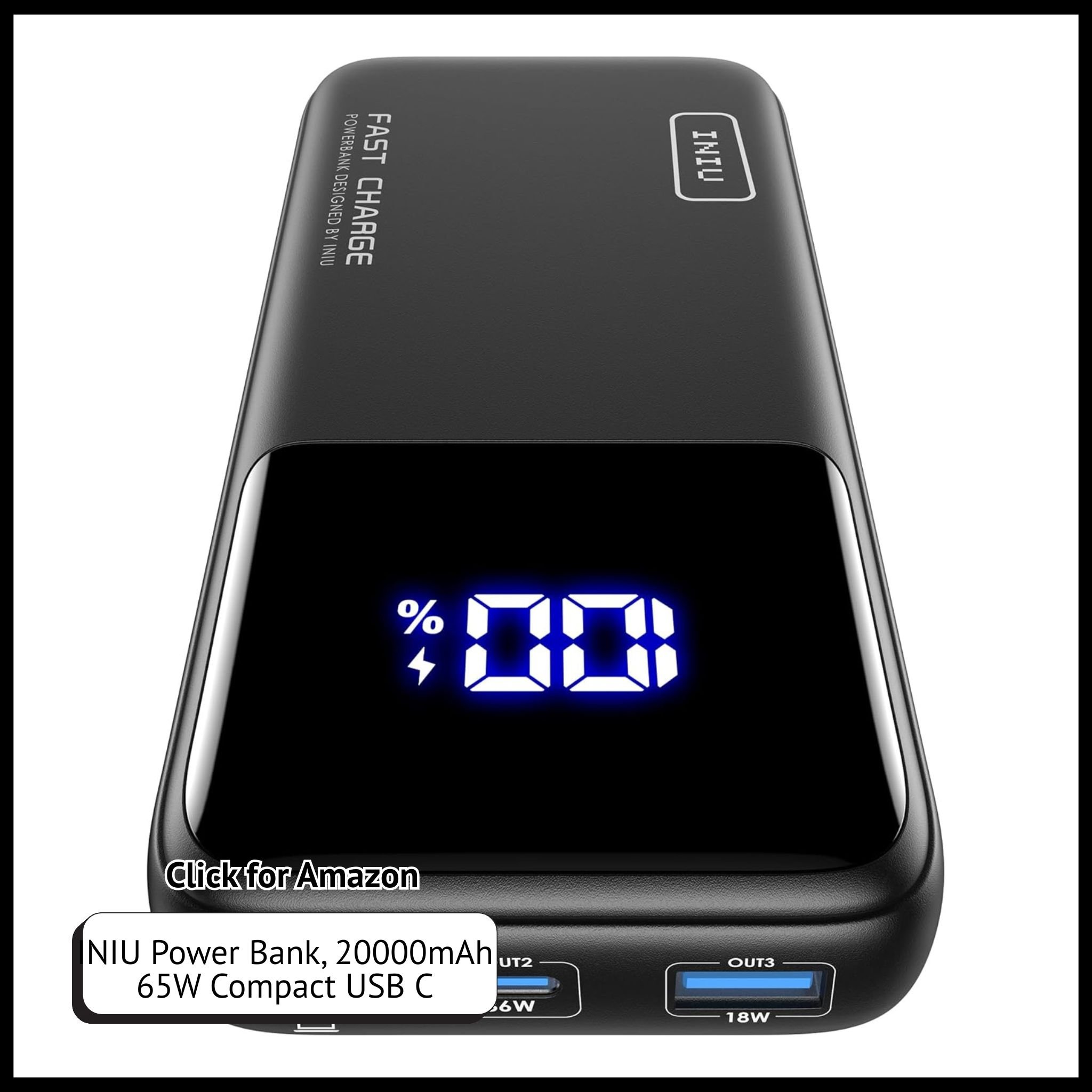 INIU 20000mAh 65W Power Bank – Fast USB-C Laptop Charger, 3 Outputs, PD & QC, Compact Travel Battery Pack.