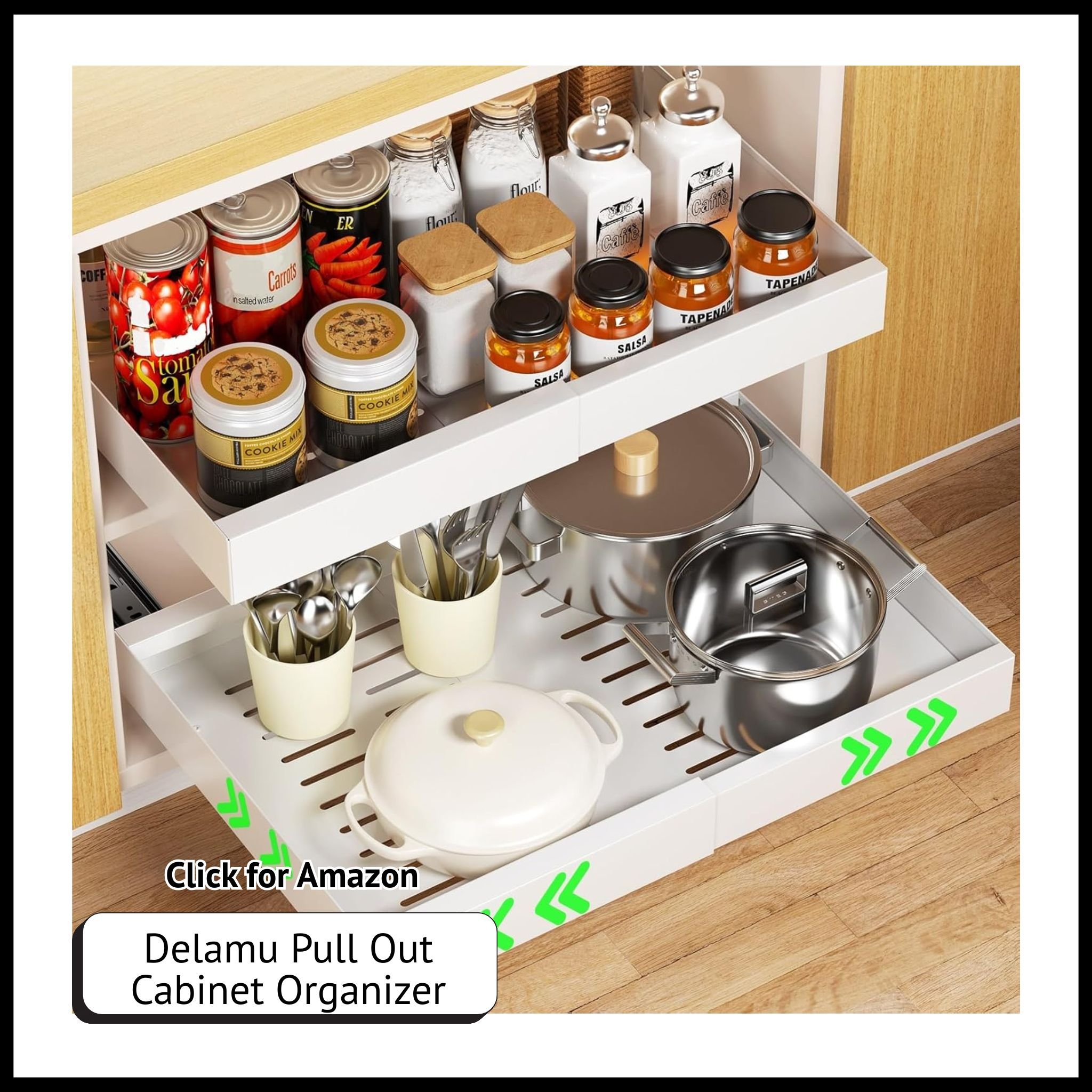 Delamu Expandable Pull-Out Cabinet Organizer (11.8"-19.7"), Slide-Out Drawers for Kitchen Cabinet Storage.