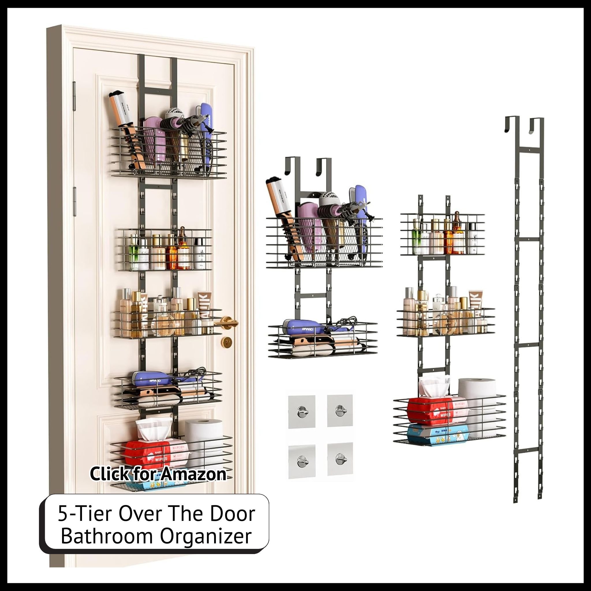 5-Tier Over the Door Bathroom Organizer – adjustable rack with hair dryer holder and compartments for styling tools and toiletries