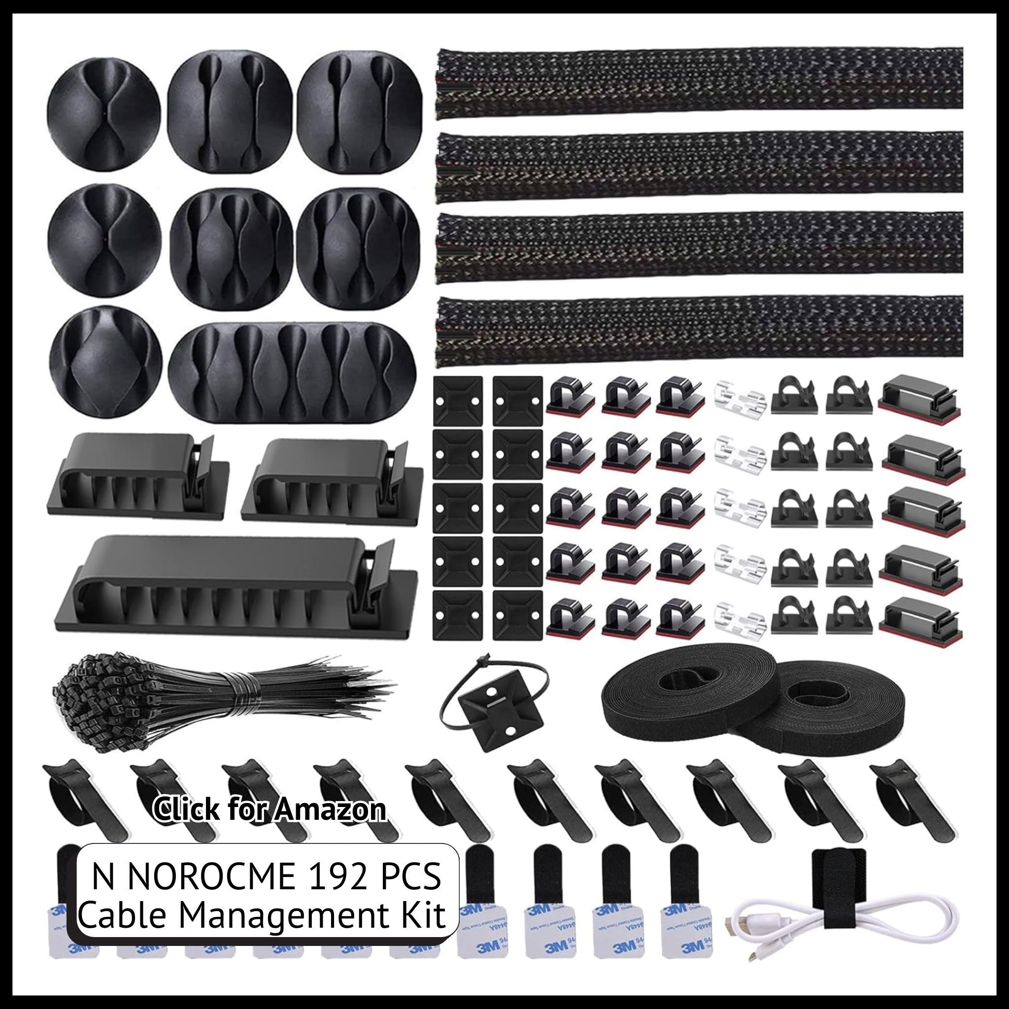 NOROCME 192-Piece Cable Management Kit – Sleeves, Clips, Holders & Straps for Organizing Wires at Home or Office.