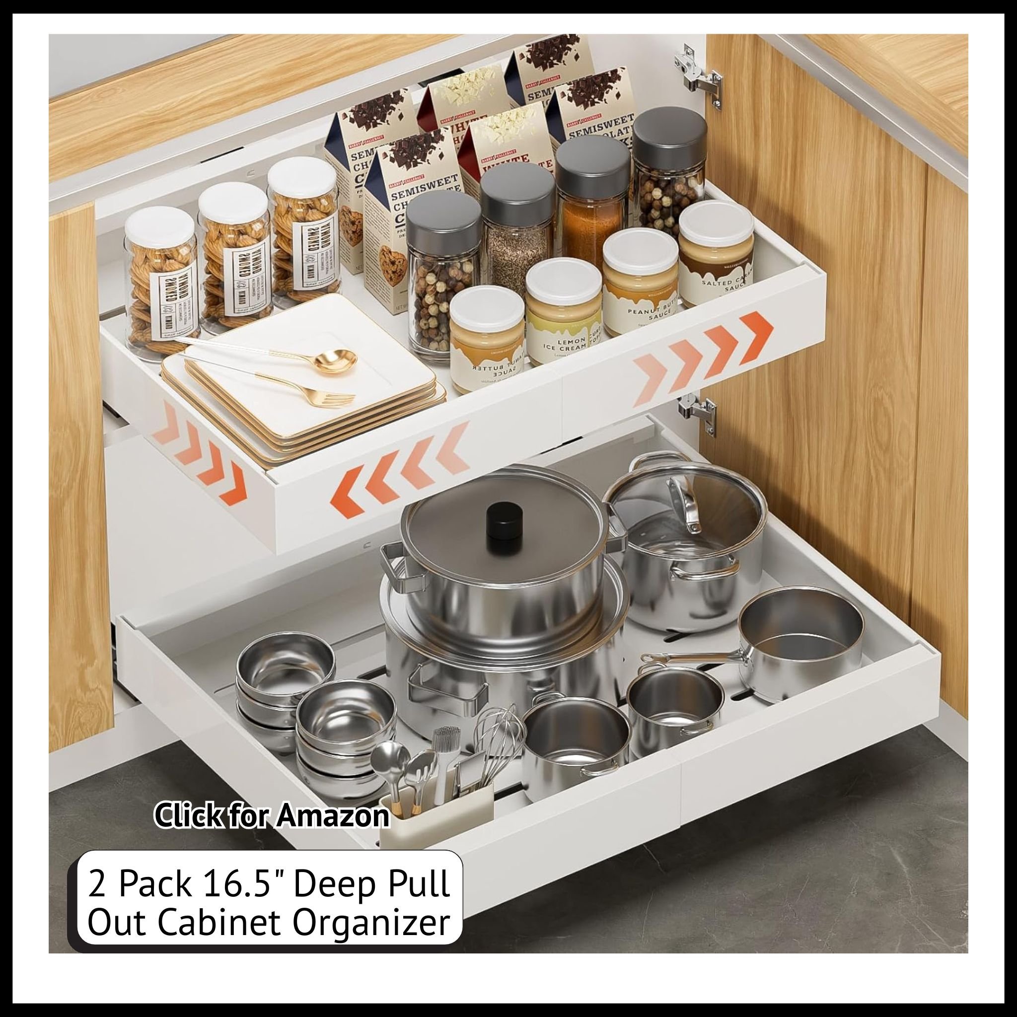 2-Pack 16.5" Pull-Out Cabinet Organizers – 3 Slide Rails, Adjustable Width (12.2"-20.4") for Kitchen Cabinets & Storage.