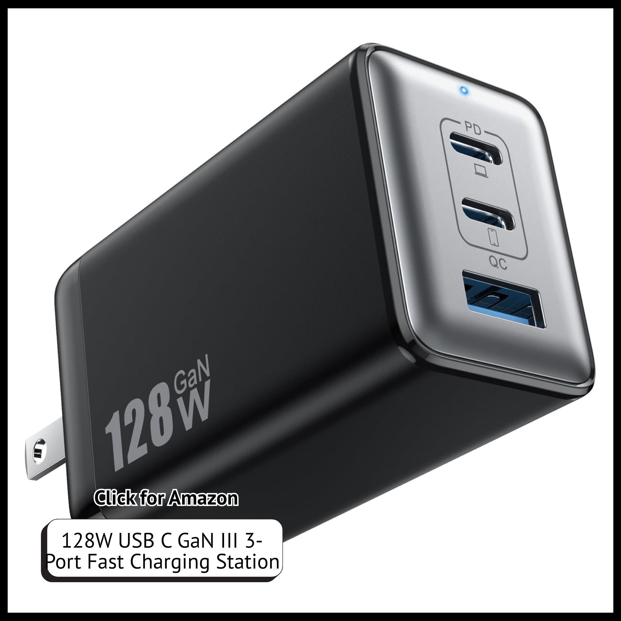 128W GaN USB-C Charger, 3-Port Fast Charging Block with PD & QC, Foldable Wall Adapter for Laptops & More.