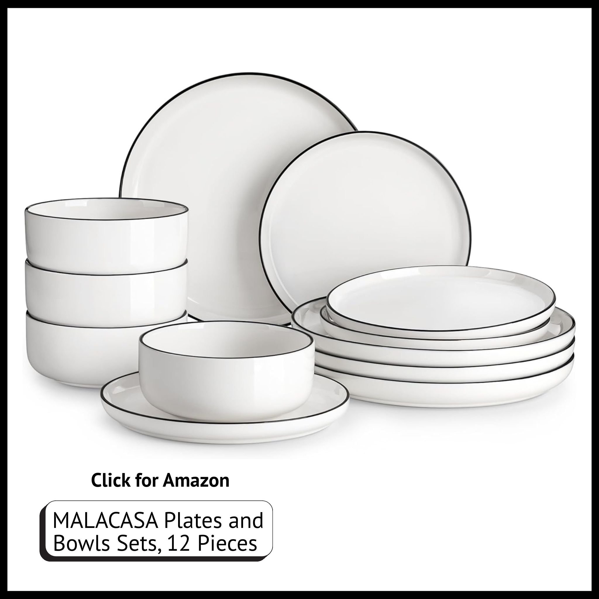 MALACASA LUNA 12-piece white porcelain dinnerware set with black rim, includes dinner plates, salad plates, and cereal bowls