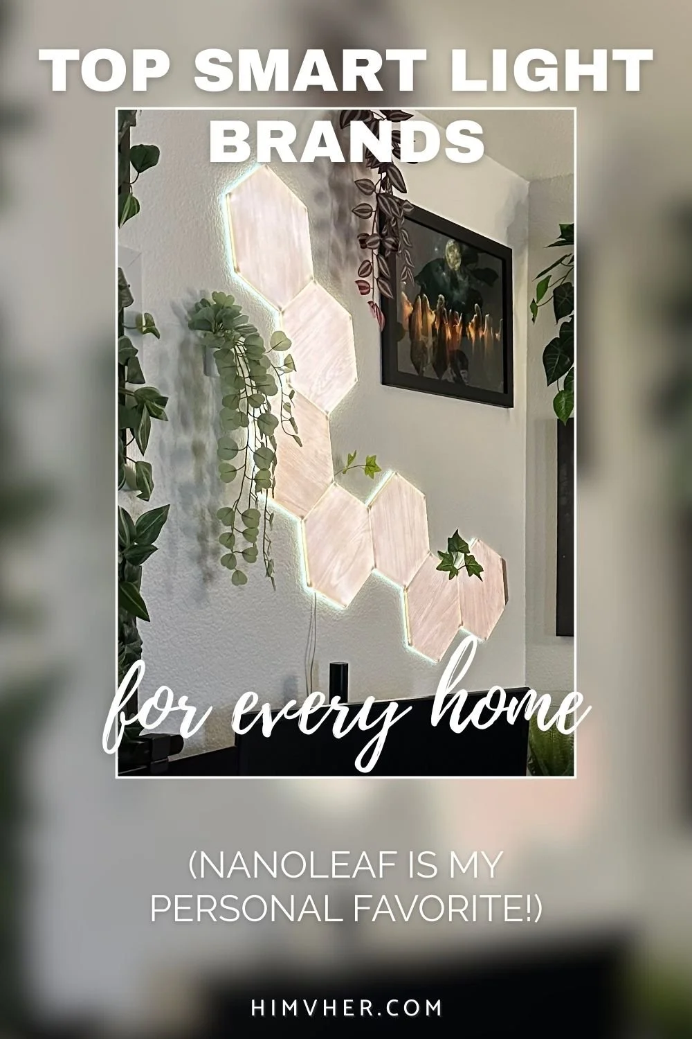 Nanoleaf smart light wall panels with plants in a modern home office, showcasing top smart light brands for stylish lighting automation.