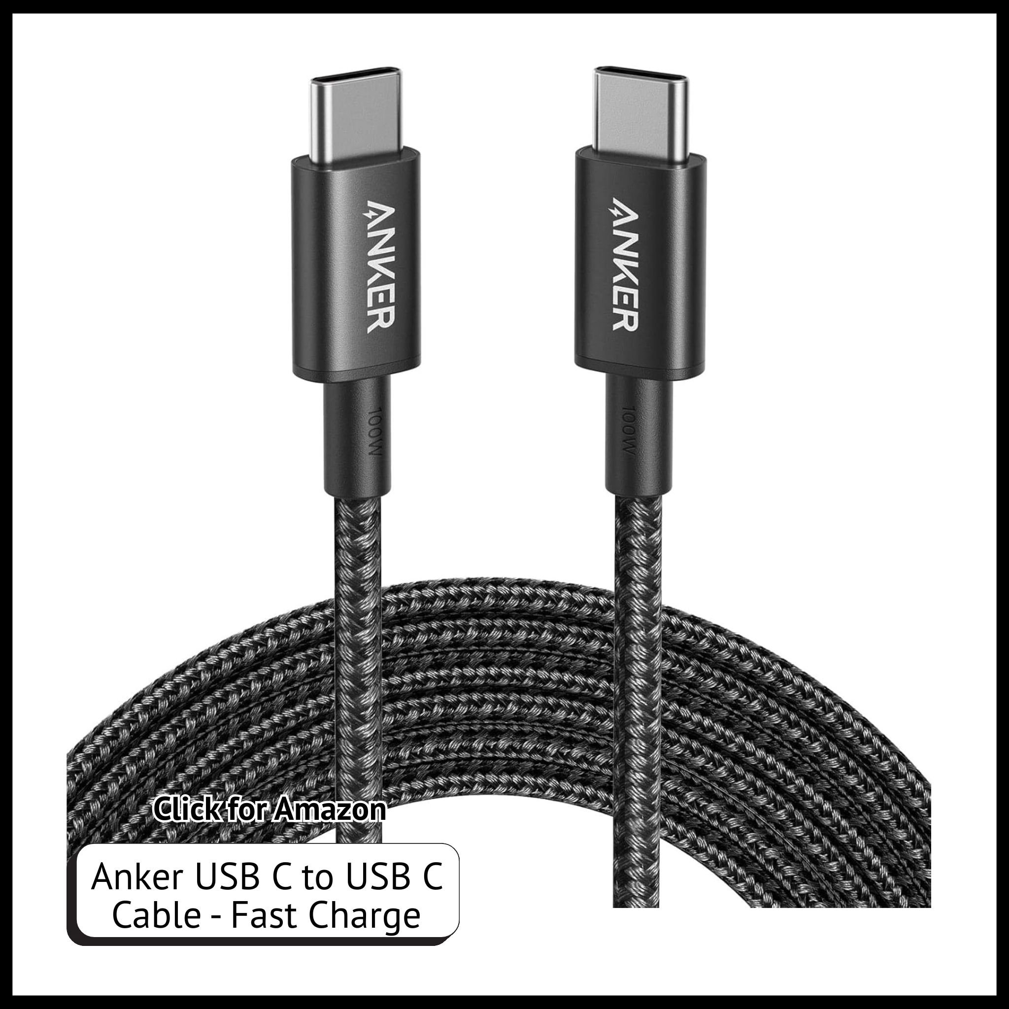 Anker USB-C to USB-C Cable – 10ft 100W fast charging Type-C cord for phones, tablets, and laptops.