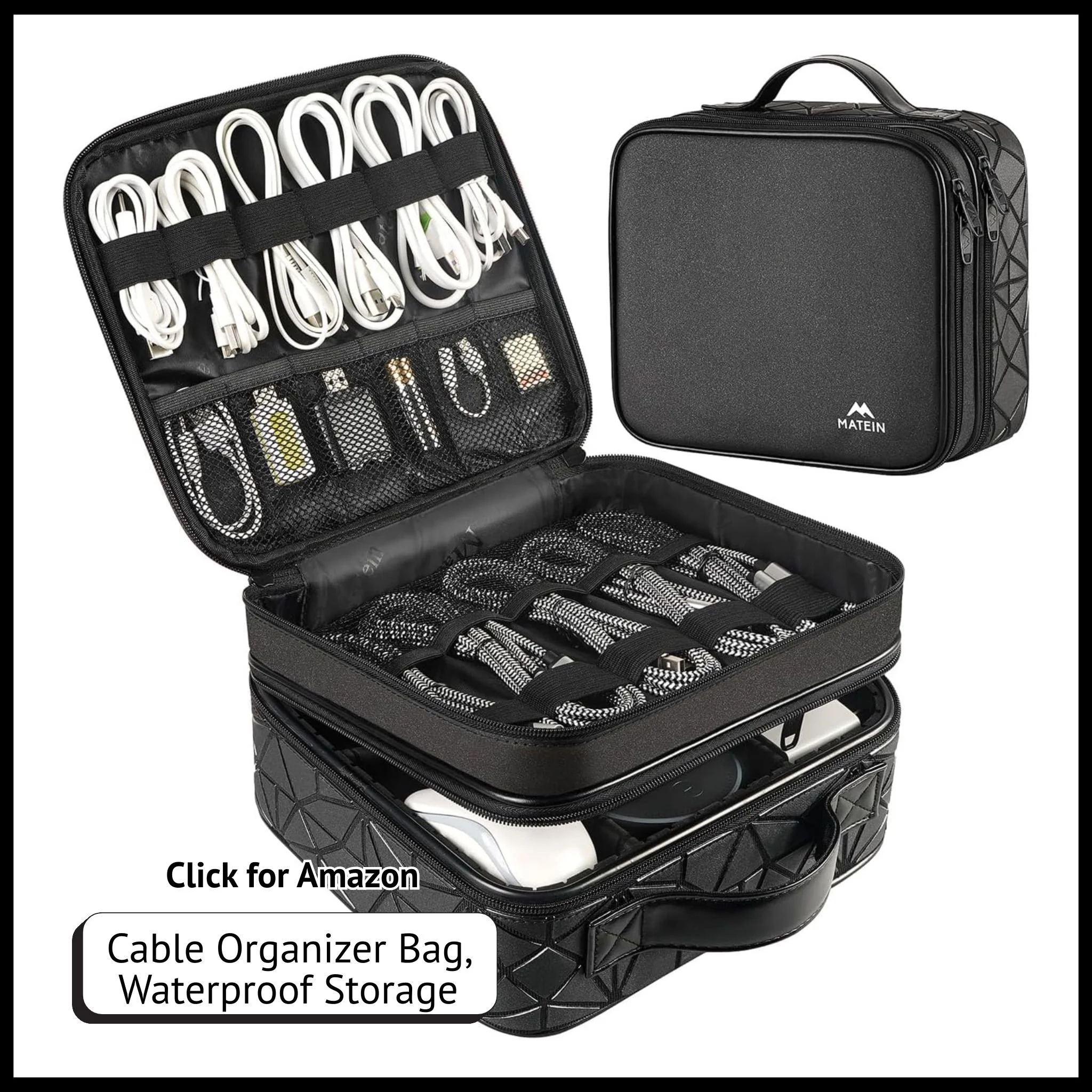 MATEIN waterproof cable organizer bag, black double-layer tech case for cords, chargers, and SD cards.