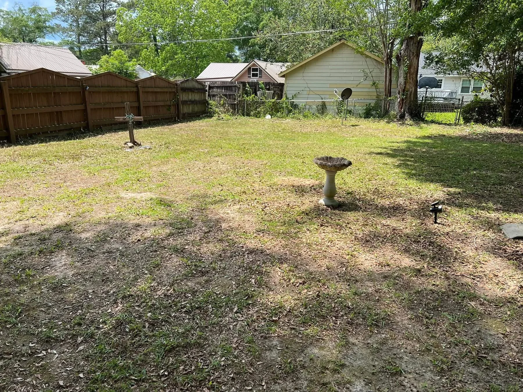 Backyard lawn cleanly mowed after service