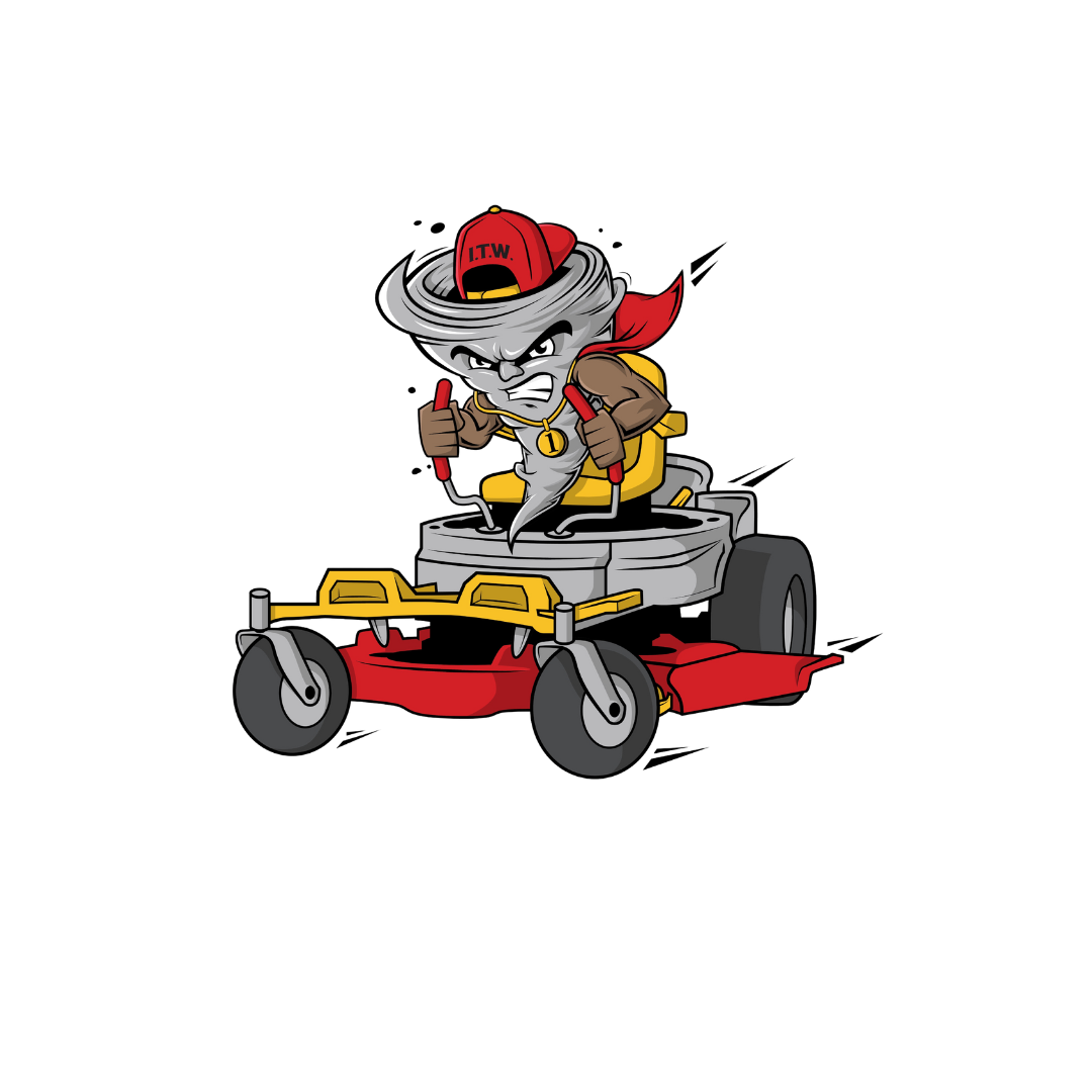 MH Lawn Care tornado mascot riding a zero-turn mower