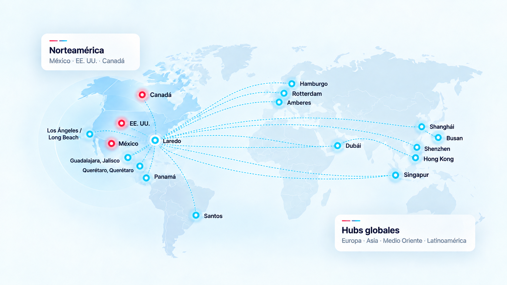 Esquema de conexiones con Laredo, Texas; Guadalajara, Jalisco; y Querétaro, Querétaro y destinos en América, Europa, Asia y Medio Oriente.