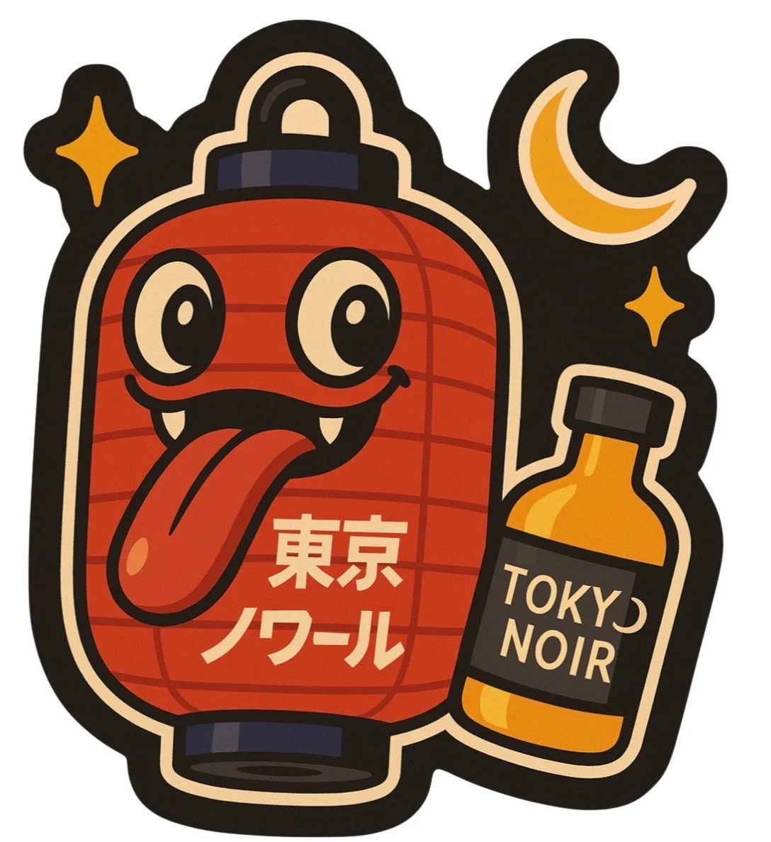 Illustrated Tokyo Noir lantern character holding a bottle
