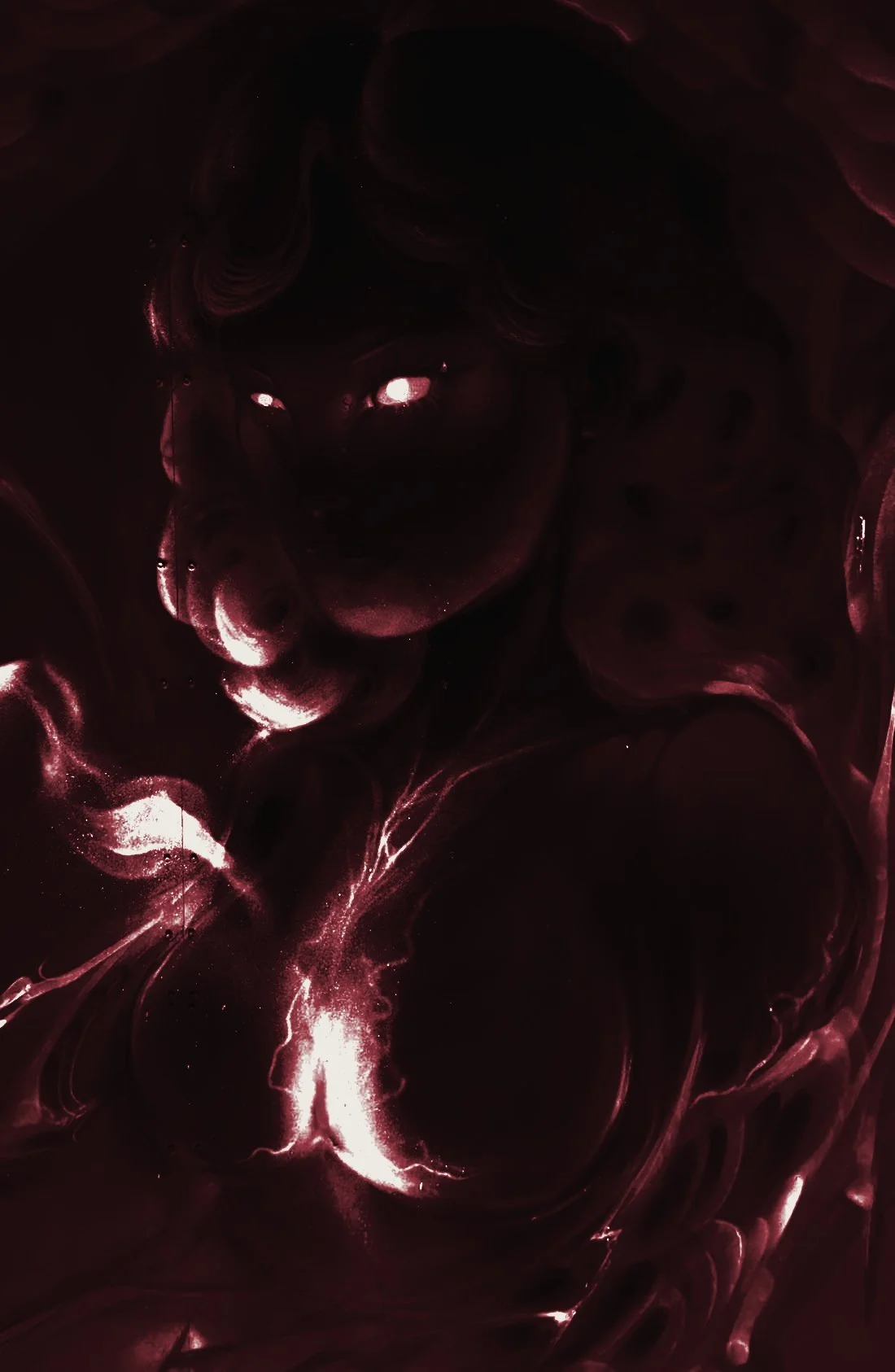 A glowing mural of a woman with luminous eyes on a wall of Chrisanna’s home studio