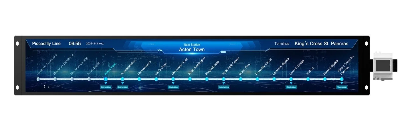 Fionexx LCD dynamic route map display showing a line diagram, next station and terminus above a train door