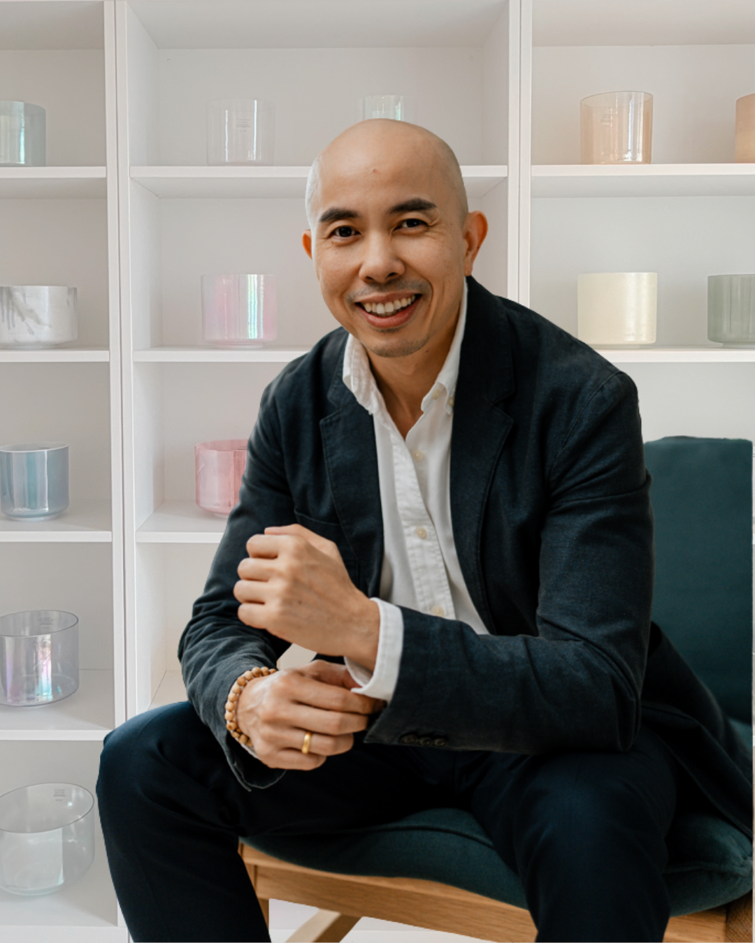 Ryion Pun, Co-founder of Restore Intuition, with alchemy crystal singing bowls