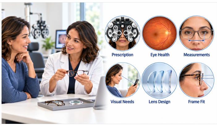 Illustrated consultation with prescription, eye health, measurements, visual needs, lens design, and frame fit