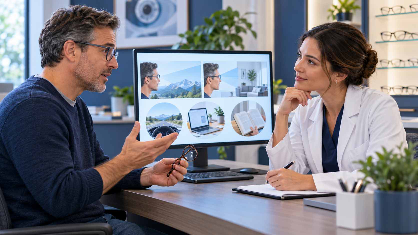 Educational illustration of a patient describing a vision concern while an optometrist listens