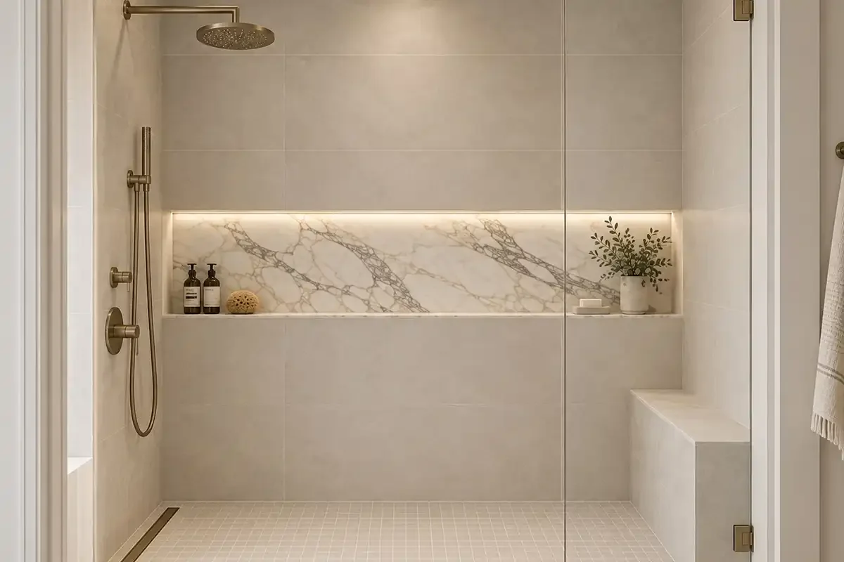 Arabescato marble shower niche with coordinated veining and clean tile detailing in a Scottsdale bathroom remodel.