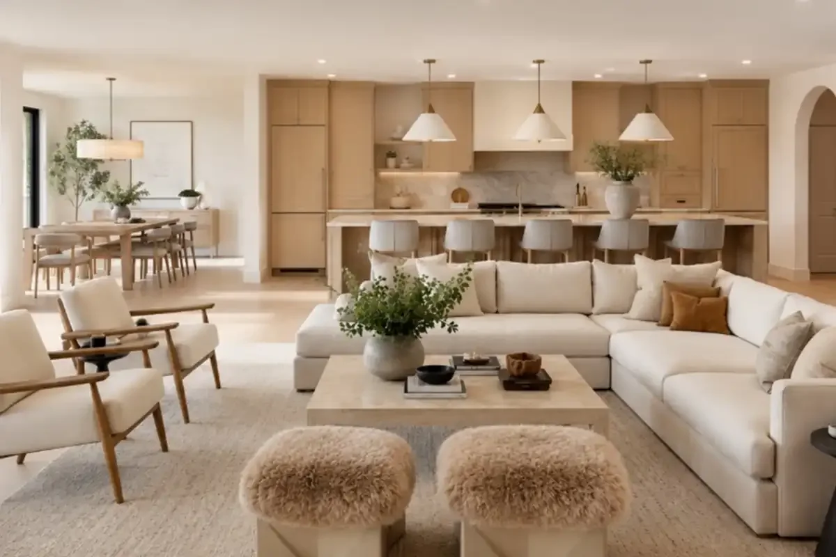 Open-concept living room and kitchen with cohesive furniture layout and natural finishes designed for everyday living.