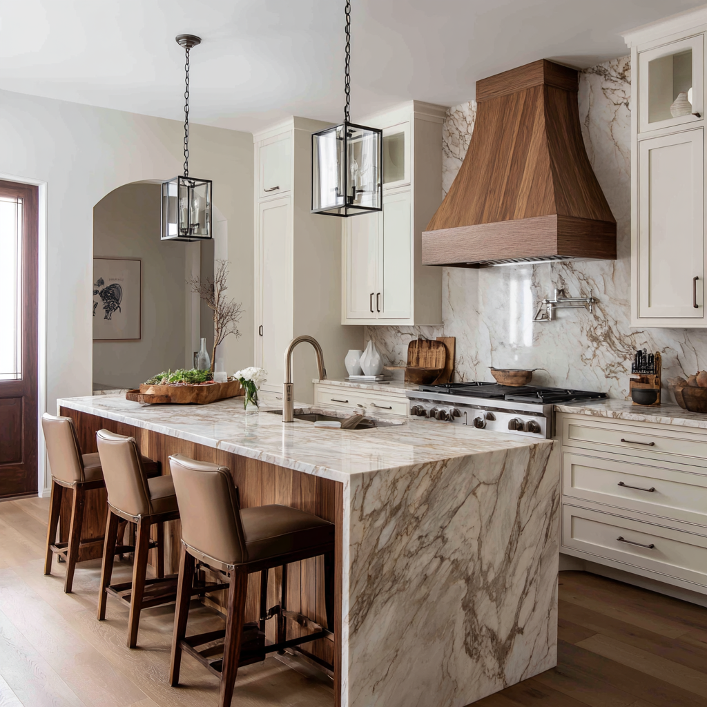 Tempe luxury kitchen featuring a marble waterfall island and refined hardware and lighting selections.