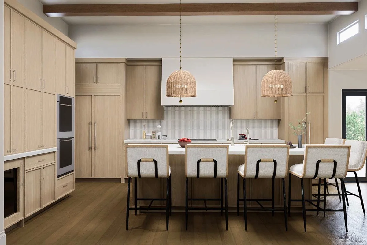 Luxury kitchen island design with pendant lighting, showing balanced spacing and proportion.