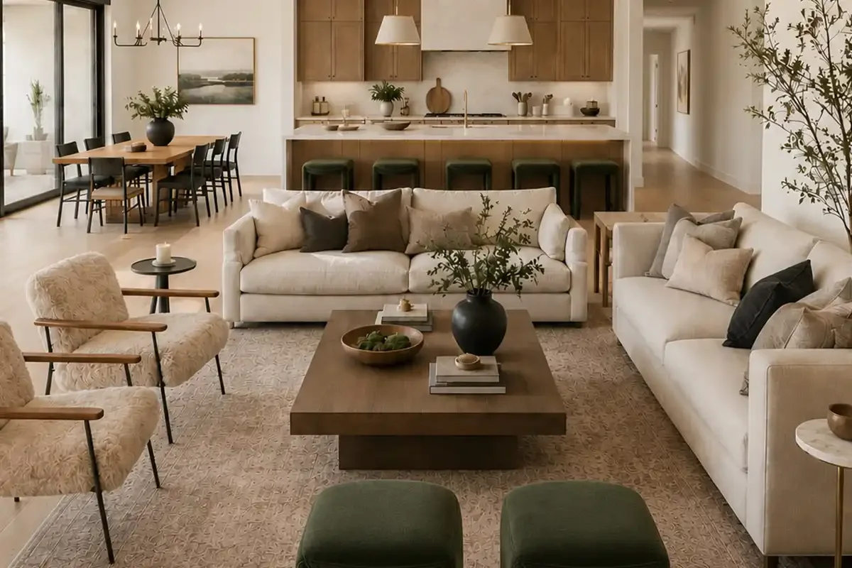 Neutral open-concept living room and dining area with balanced furniture layout and warm natural finishes.