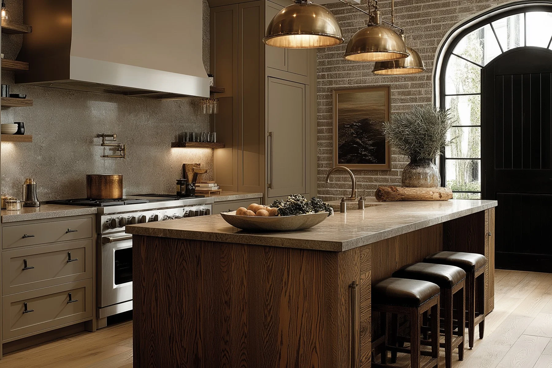 Moody luxury kitchen design in Tempe with rich tones, layered lighting, and sleek modern detailing.