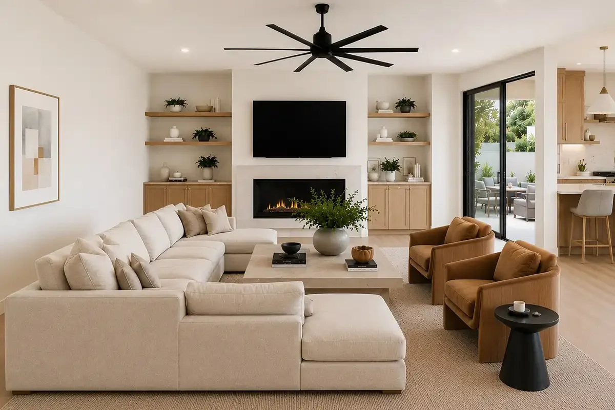 Modern family room with sectional seating arranged around a fireplace in an open-concept home.