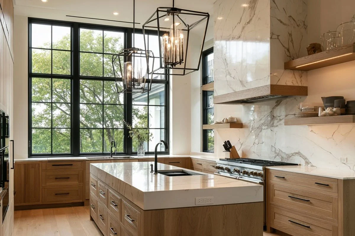 Modern white oak kitchen concept with a waterfall island and slab backsplash for a crisp, finished look.