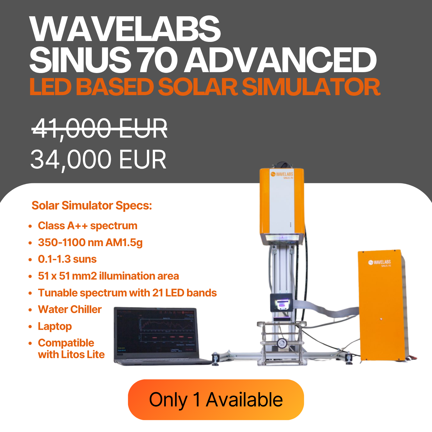 Wavelabs Sinus 70 Advanced LED solar simulator, Class A++, ex-stock offer at 34,000 EUR