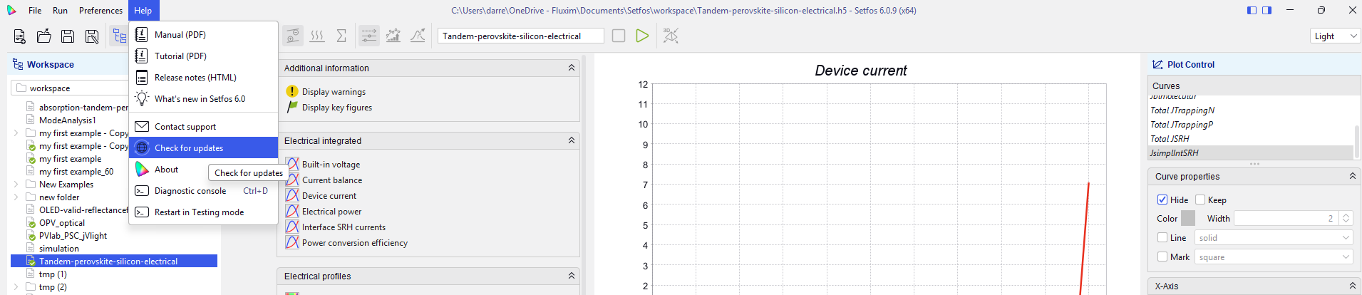 The Setfos Help menu open with Check for new version highlighted, the in-application route to updating to Setfos 6.1