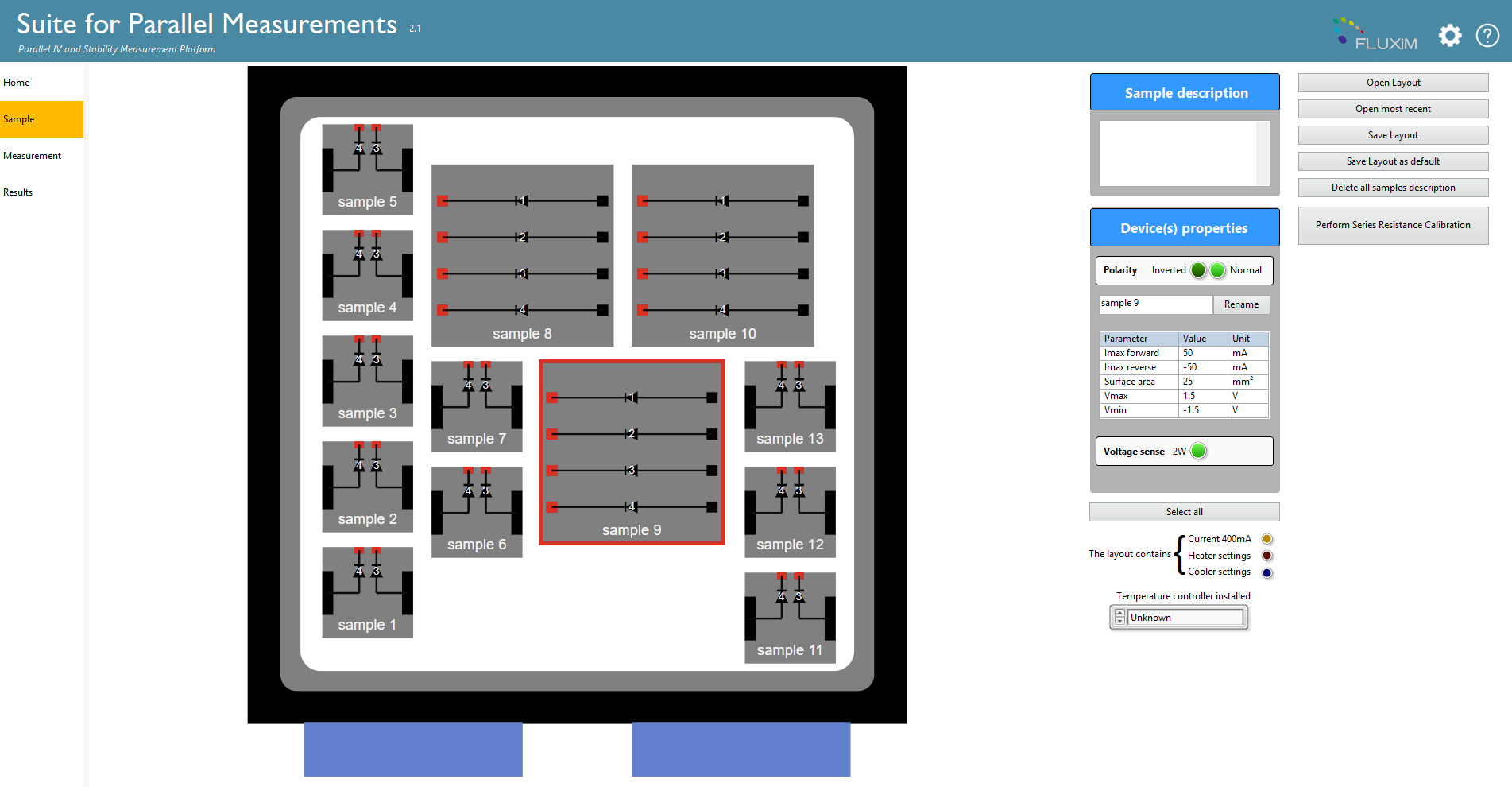 Litos Lite sample interface for defining samples, device layouts and measurement channel assignments before JV and stability testing