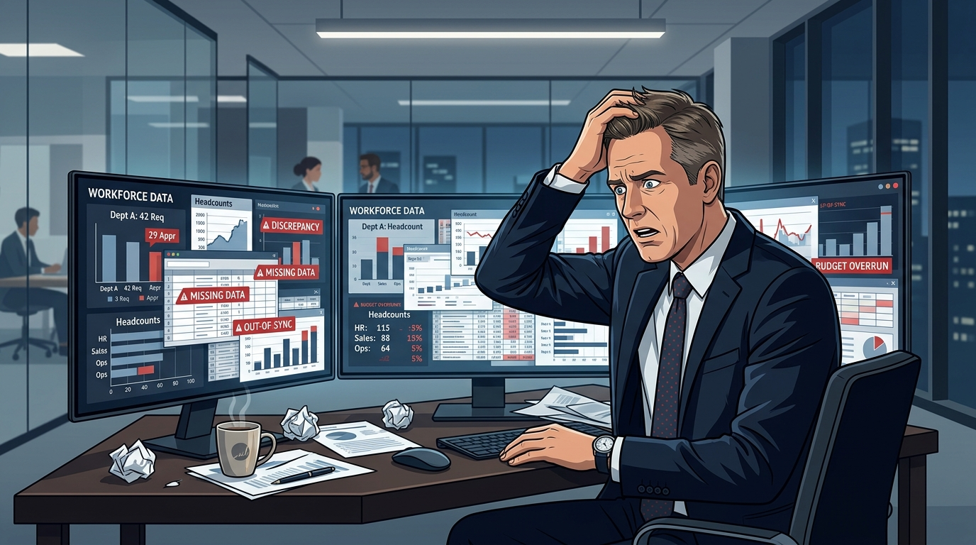 FP&A team comparing a cluttered multi-tab spreadsheet with a clean headcount planning dashboard showing fully loaded costs and variance indicators.