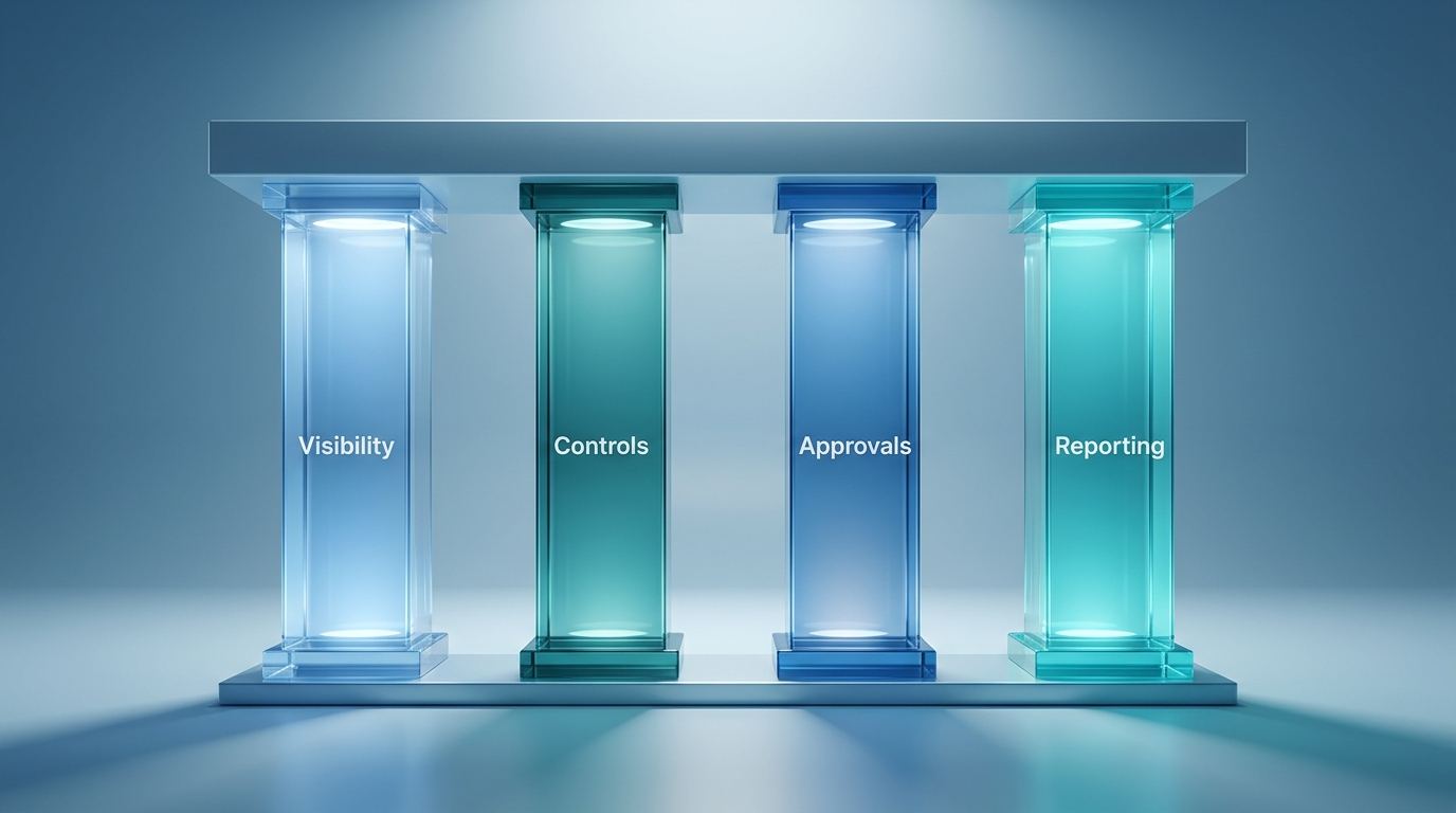 graphic of the 4 pillars of budget enforcement: Visibility, Controls, Approvals, and Reporting