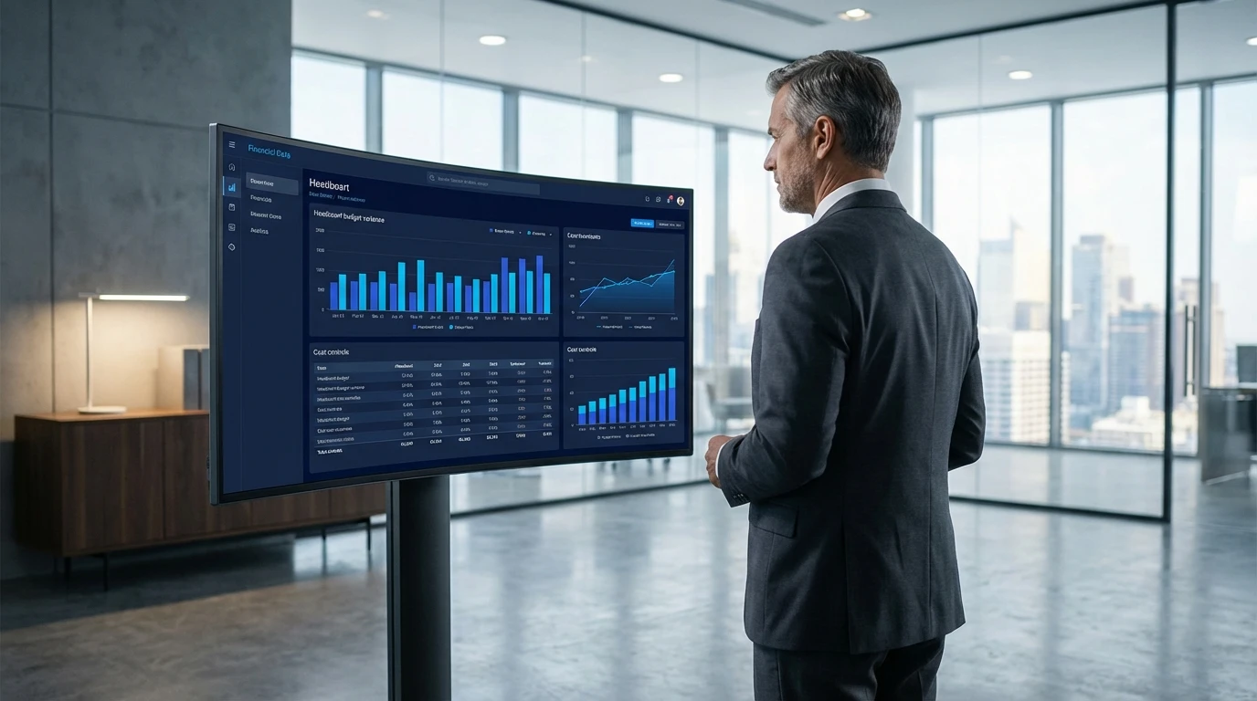 A CFO examinging budgets on a large monitor