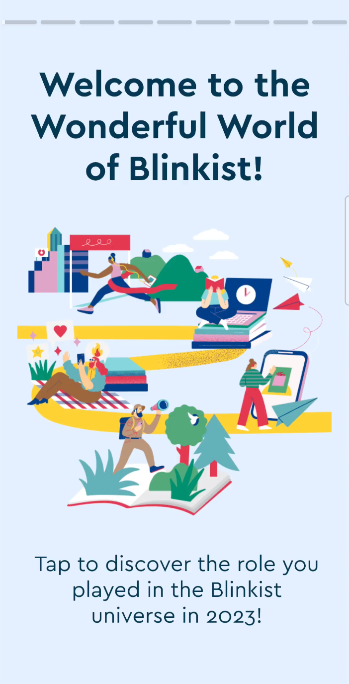 Blinkist Year in Blinks recap screen showing a reader's yearly reading statistics