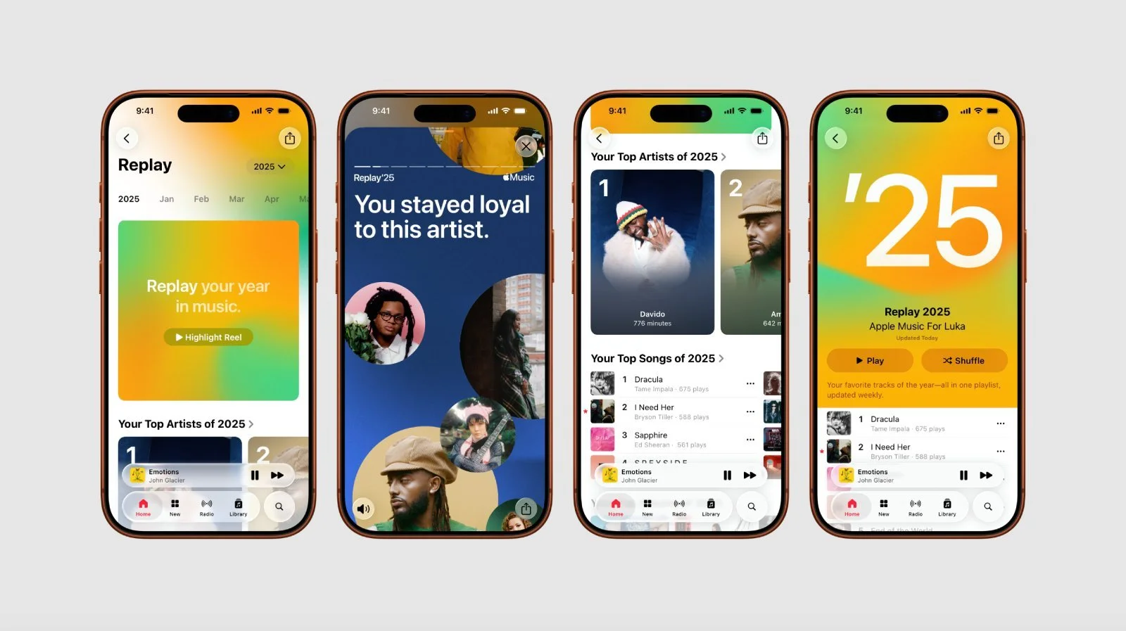 Apple Music Replay 2025 interface showing the Highlight Reel, listening minutes and favourite genres