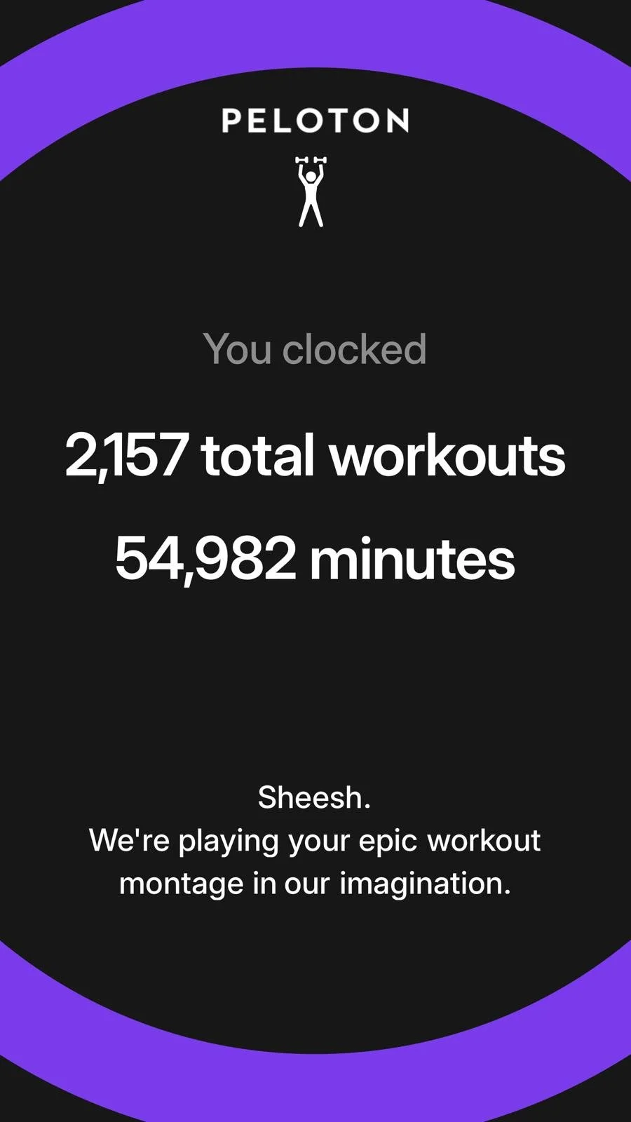 Peloton Victory Lap 2025 year in review screen showing member workout statistics