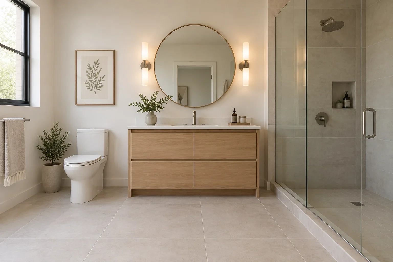 Illustrative bathroom design concept: oak vanity.