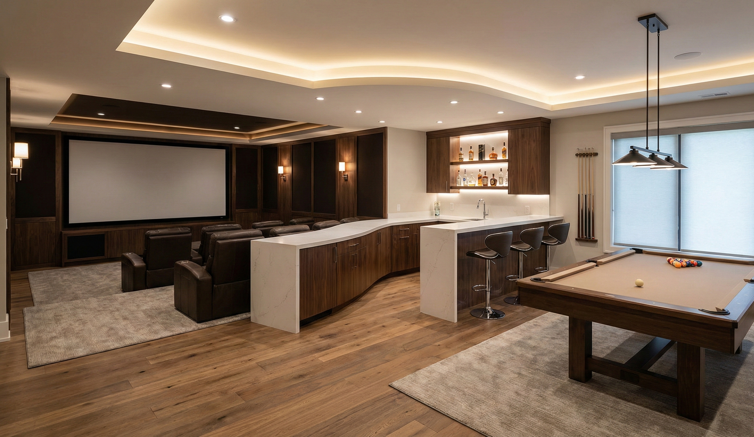 Basement renovation with home theatre and bar in Binbrook Ontario