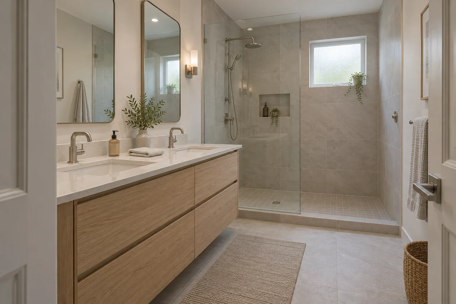 Illustrative bathroom design concept: oak ensuite.