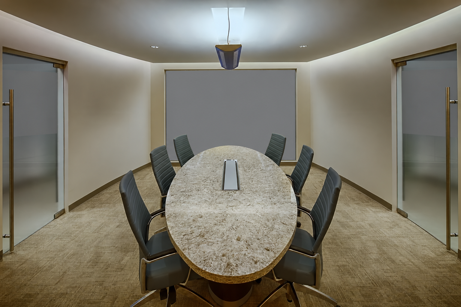 Conference table and seating; identifying background details obscured for privacy