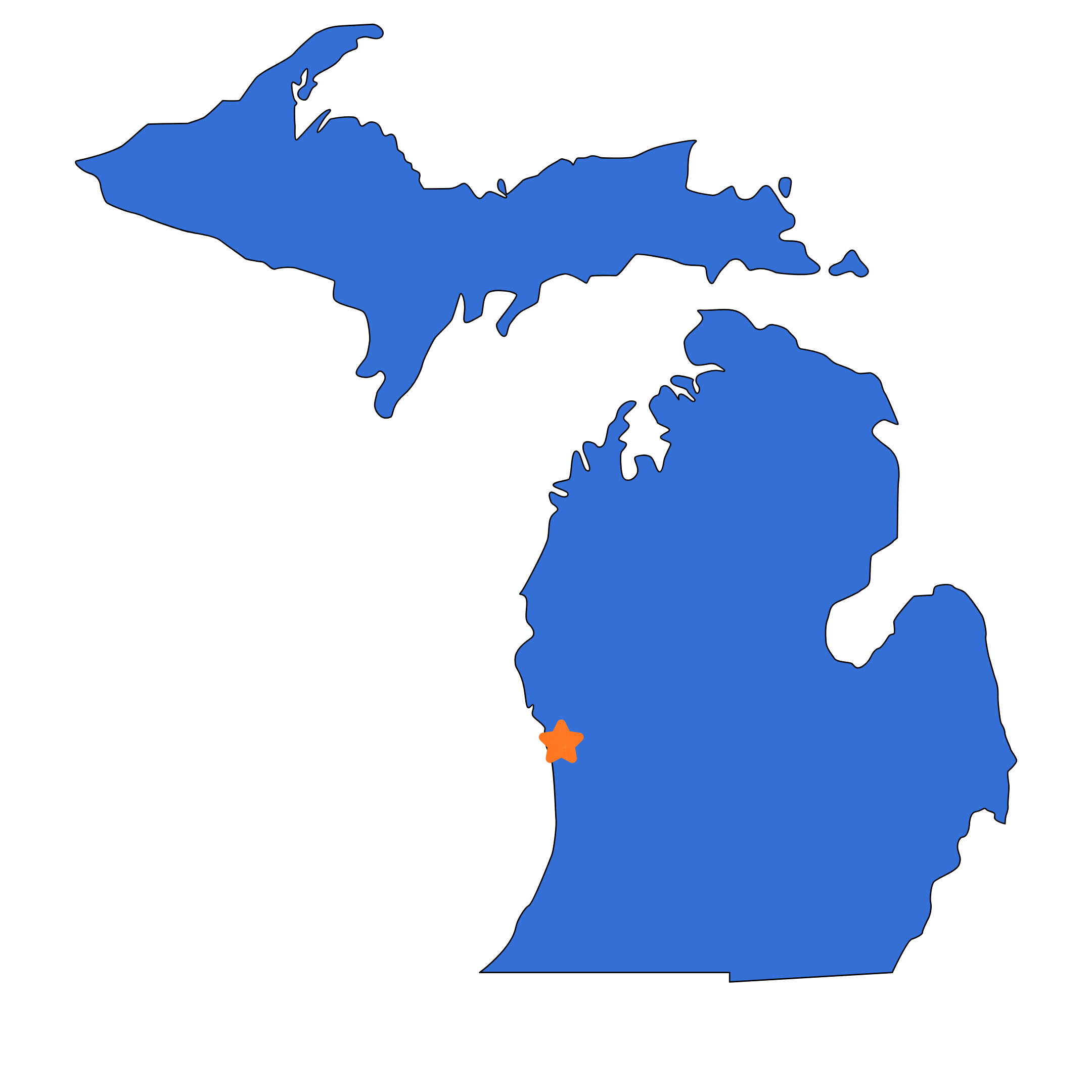 Map of Michigan with a star on Grand Haven